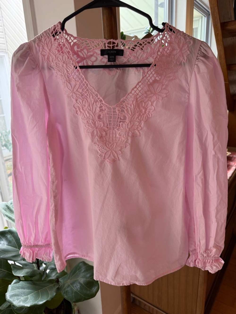 J. Crew Light Pink Lace-Trim V-Neck Blouse
